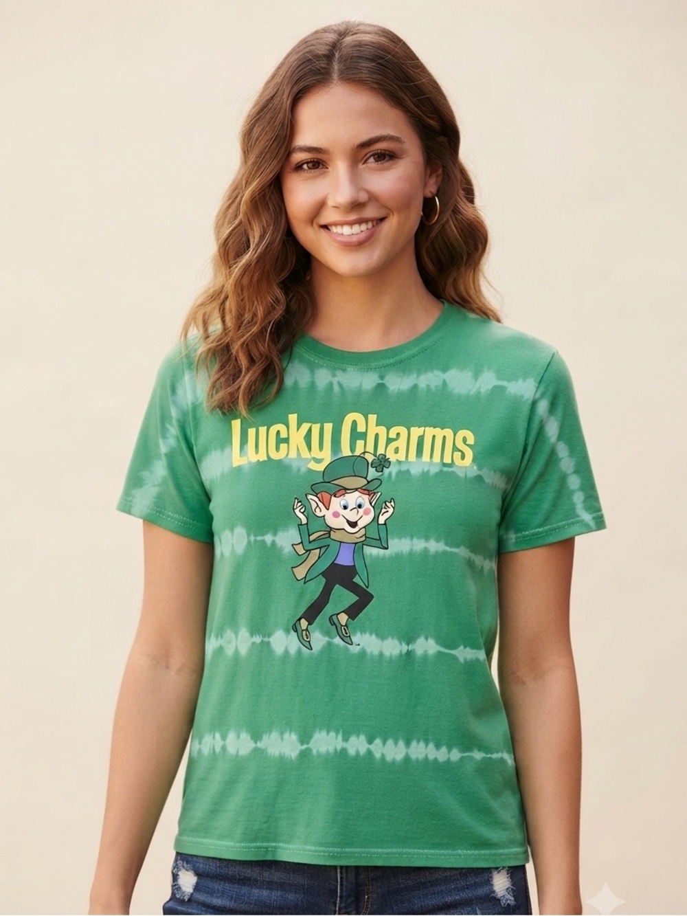 LUCKY CHARMS Toe Dye Graphic Tee M 21” p2p Green EUC